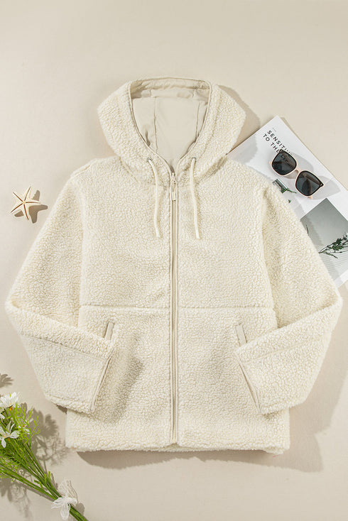 Sherpa Fleece Zip Front Drawstring Hood Drop Shoulder Pocketed Jacket